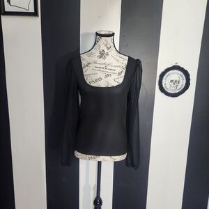 Sheer-Sleeve Square Neck Long Sleeve Top